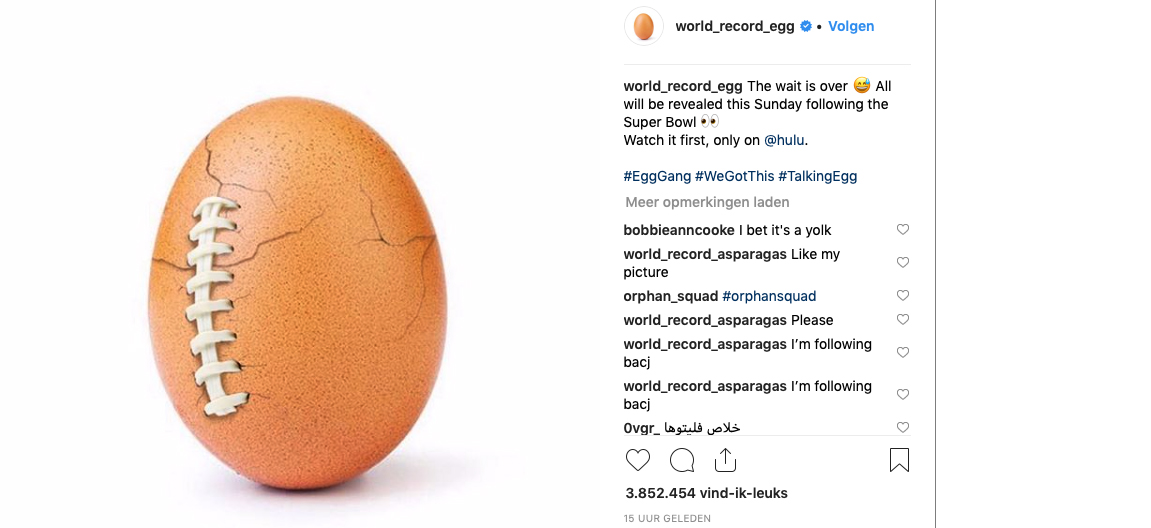 Brekend: wereldberoemd Insta-ei komt uit na Super Bowl
